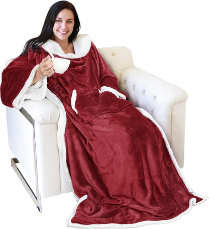Catalonia Sherpa Wearable Blanket with Sleeves and Pocket for Adults