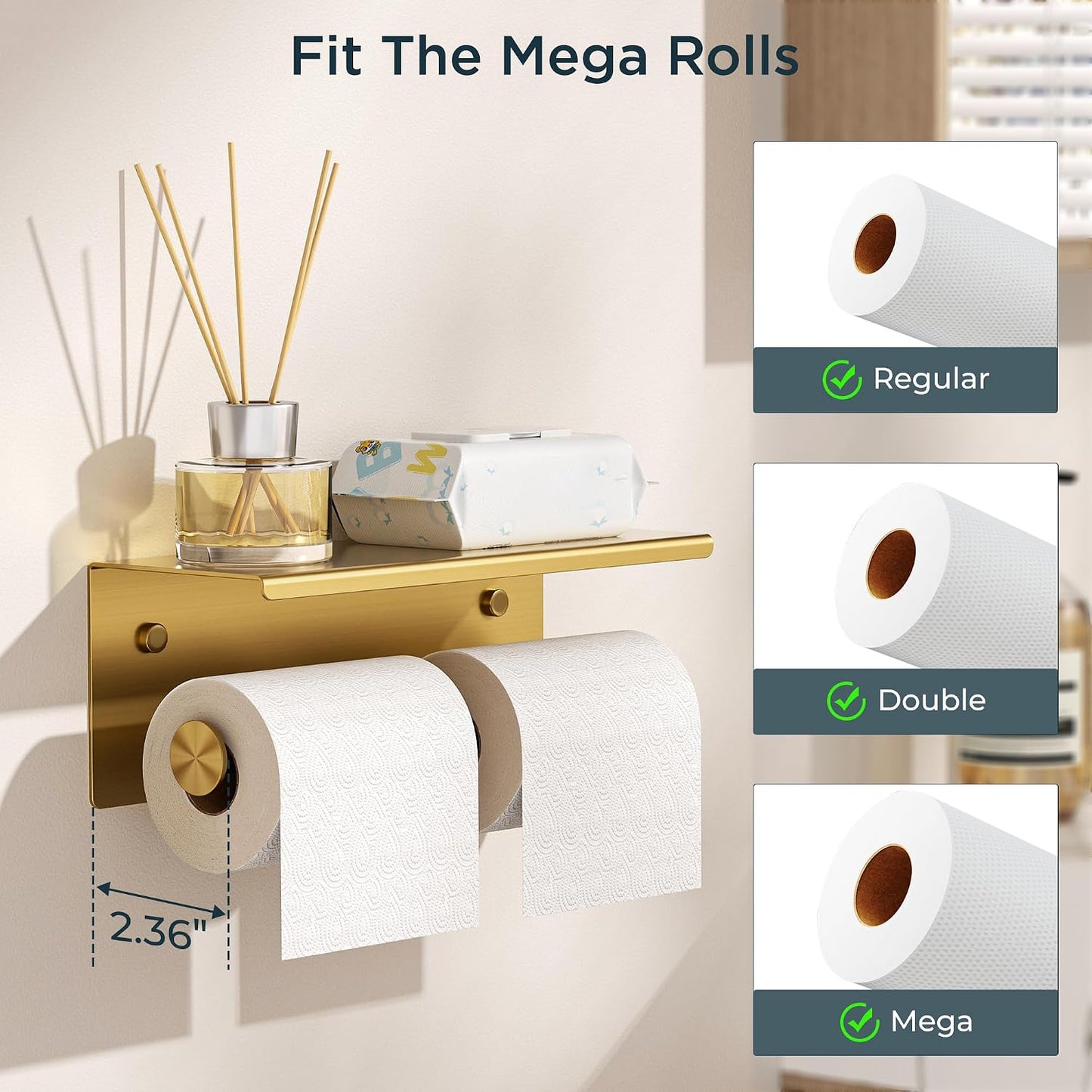 FORIOUS Toilet Paper Holder with Shelf, Commercial Toilet Paper Dispensers | Brushed Nickel | Wall Mount Bathroom Tissue Holder | SUS304 Stainless Steel Rustproof | Double Tissue Roll Holder