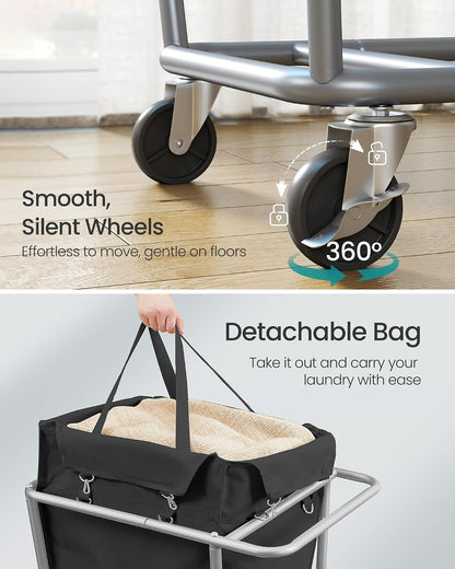 SONGMICS Laundry Basket with Wheels, 3-Section Laundry Sorter, 76.6 Gallons (290 L) Rolling Hamper with Removable Bags, Heavy-Duty Steel Frame, Cream White, Dark Gray and Ink Black URLS010X01