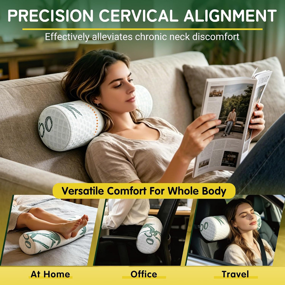 Asatdd Neck Roll Pillow, 2 Pack Foam Cervical Roll Pillow with Breathable Cover for Office Chair, Recliner Rest, and Home and Travel Use, 4" x 17"