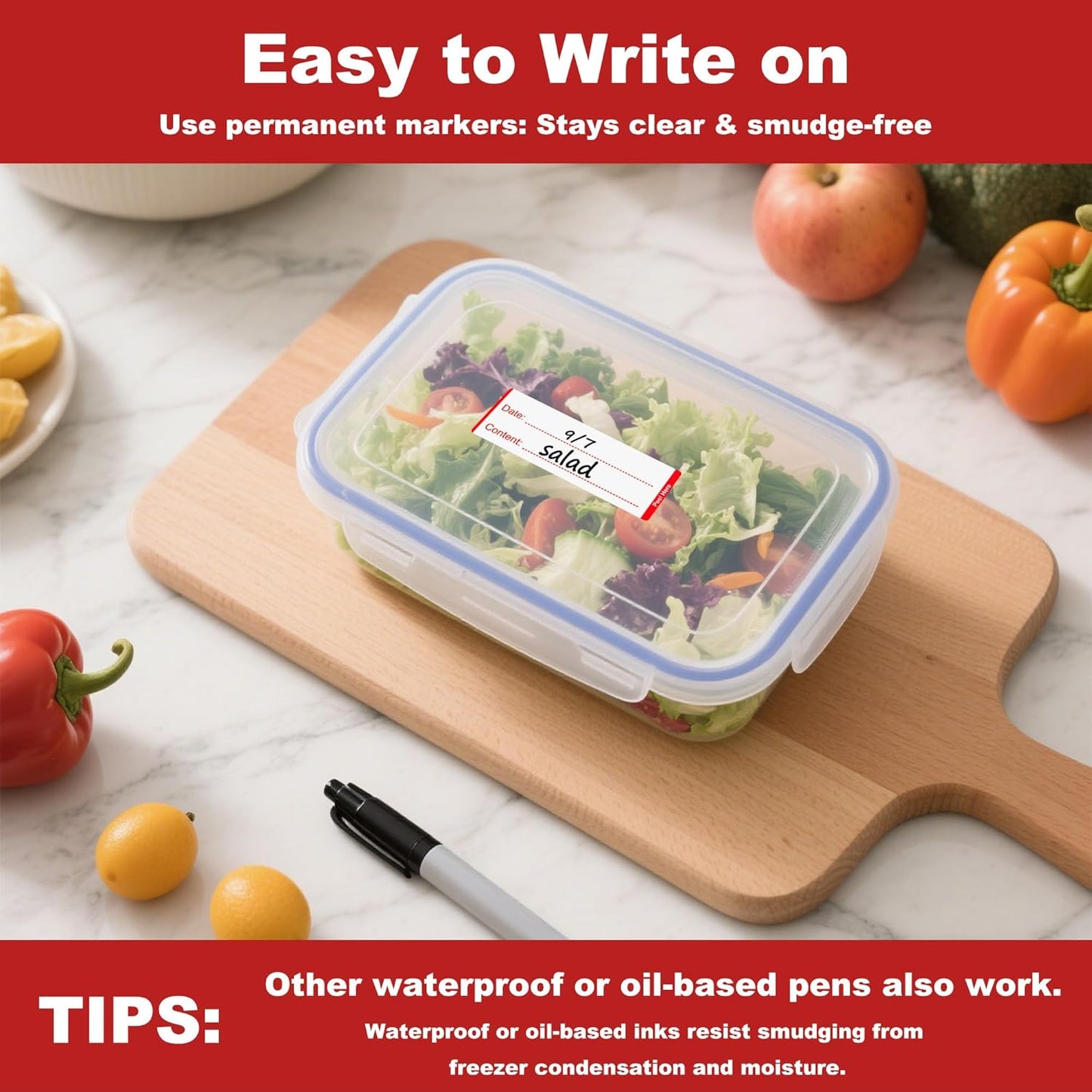 Removable Freezer Labels with Dispenser, 1" x 3", 1 Box (Red) | Writable, remove no residue, waterproof & oilproof, easy peel-off design, 300 labels per box, for meal prep containers