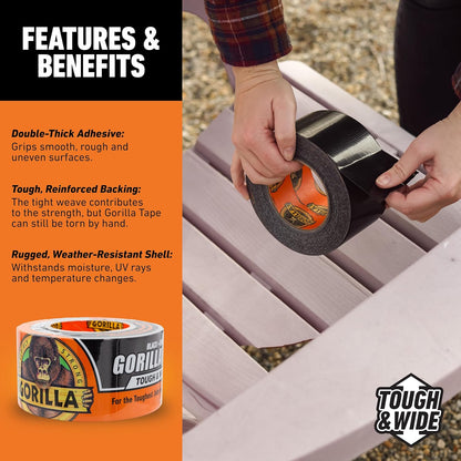 Gorilla Tough & Wide Heavy Duty Duct Tape, Black, 2.88" x 25 yd, 1-Pack | Weather Resistant, Indoor & Outdoor Use, Double-Thick Adhesive, Reinforced Backing, Hand-Tearable