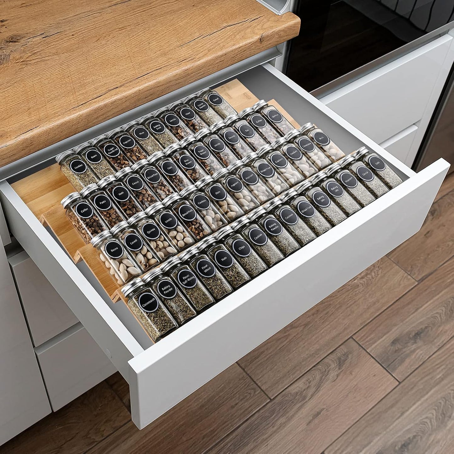 Bamboo Spice Rack Tray - Spice Drawer Organizer for Kitchen Cabinets Storage and Organization (Jars Not Included, 8 Individual Pieces, Not Adjustable)