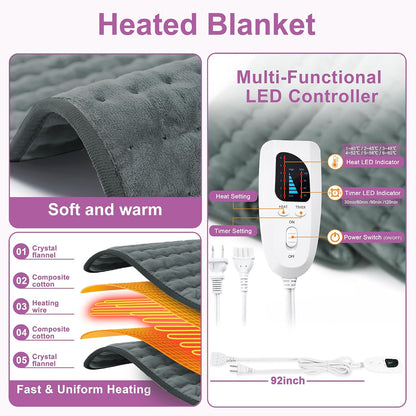 Heating Pad,Heated Blanket,Heating Pad for Back Neck,Grey,24x12 Inch | Electric Heating Pad,Dry/Moist Heat Heating Pads,Heating Pads for Shoulder,Abdomen,Heat Pad for Women Men,Birthday Gift