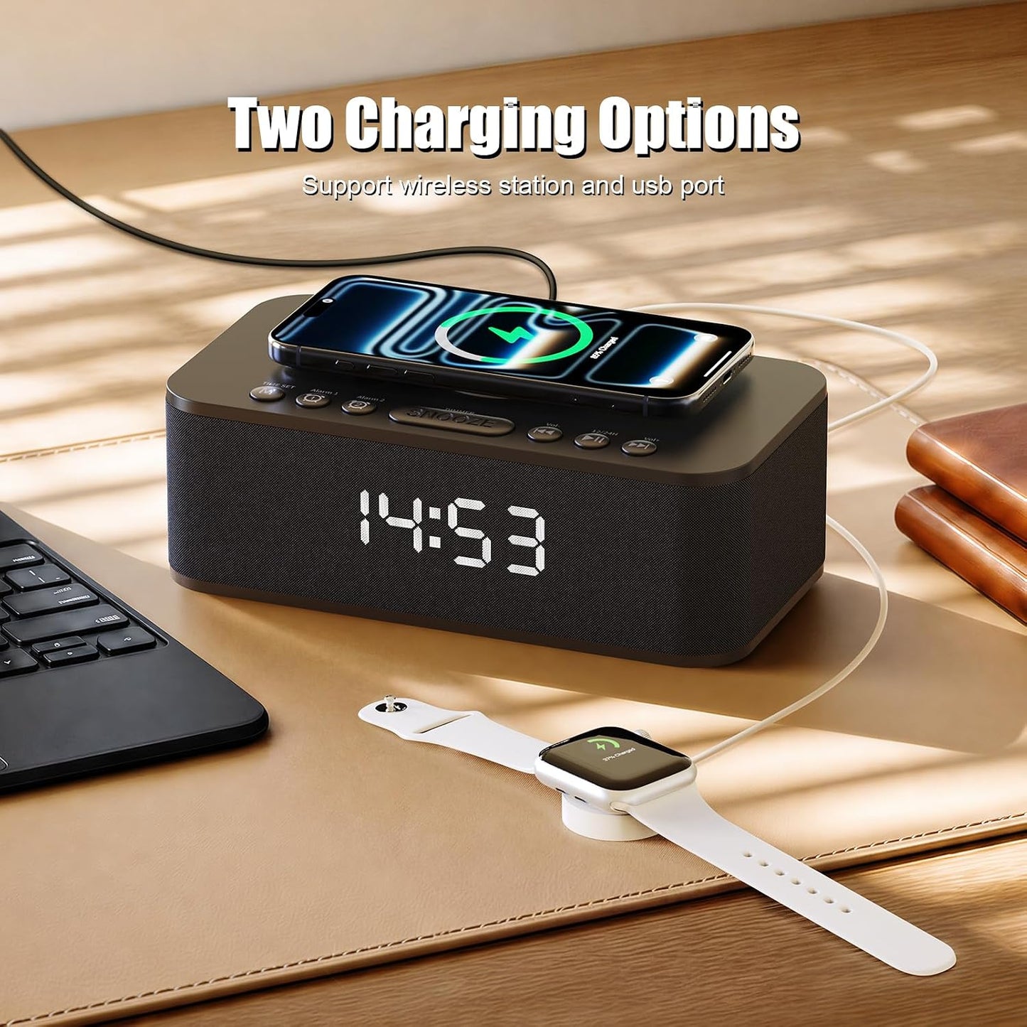 Alarm Clocks for Bedrooms, Wireless Charger, Bluetooth Speaker, White Noise Machine, Digital Clock with Dual Alarm, Dimmable Display, USB Charging Port, Black