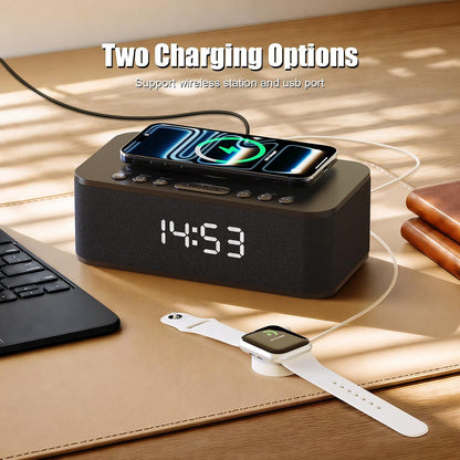 Alarm Clocks for Bedrooms, Wireless Charger, Bluetooth Speaker, White Noise Machine, Digital Clock with Dual Alarm, Dimmable Display, USB Charging Port, Black