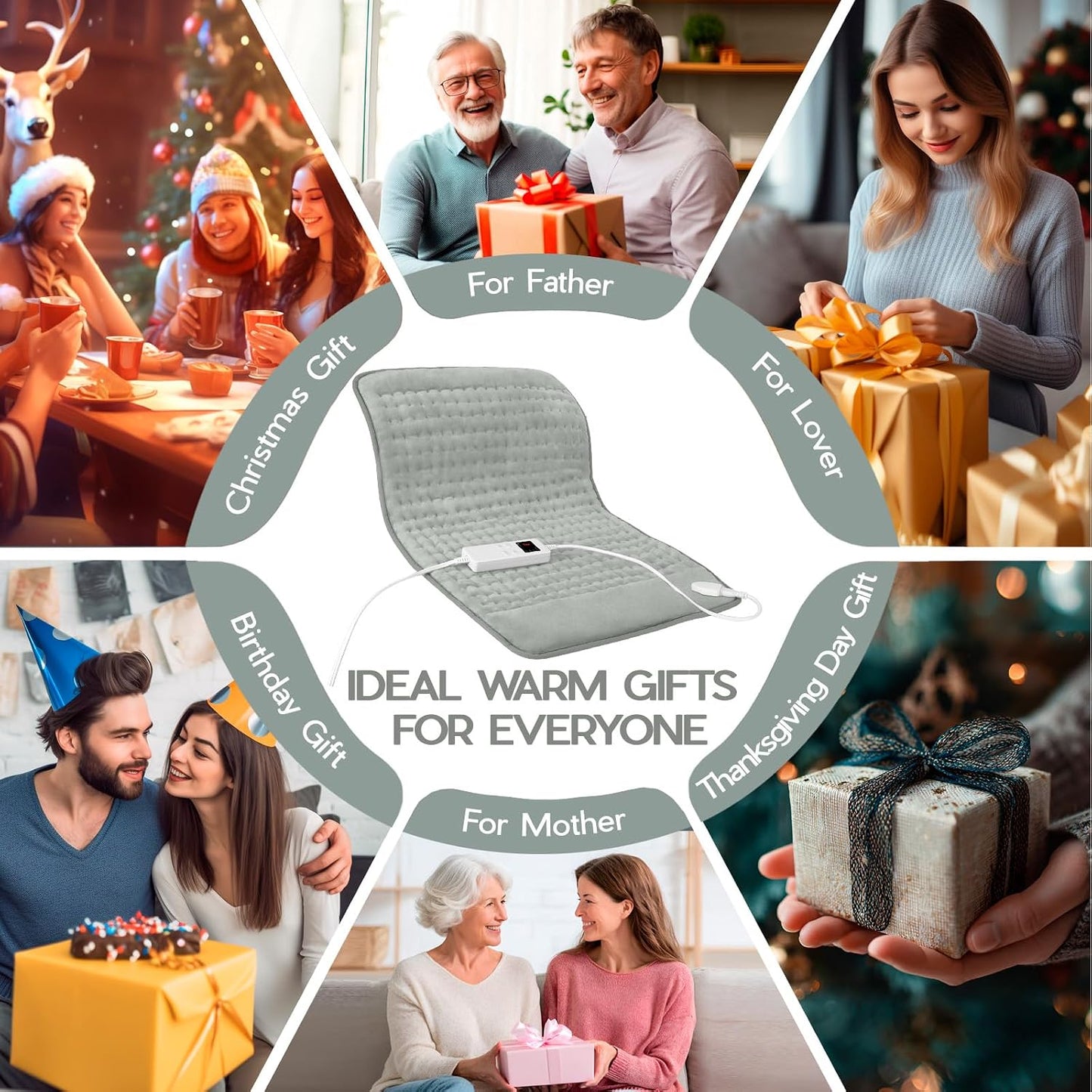 Heating Pad for Period Cramps, Heating Pad for Back/Neck/Shoulder Muscle Pain, 6 Heating&4 Timer Setting, Auto Shut Off, Dry/Moist Heat & Machine Washable, Gray Birthday Christmas Gifts for Women Mom