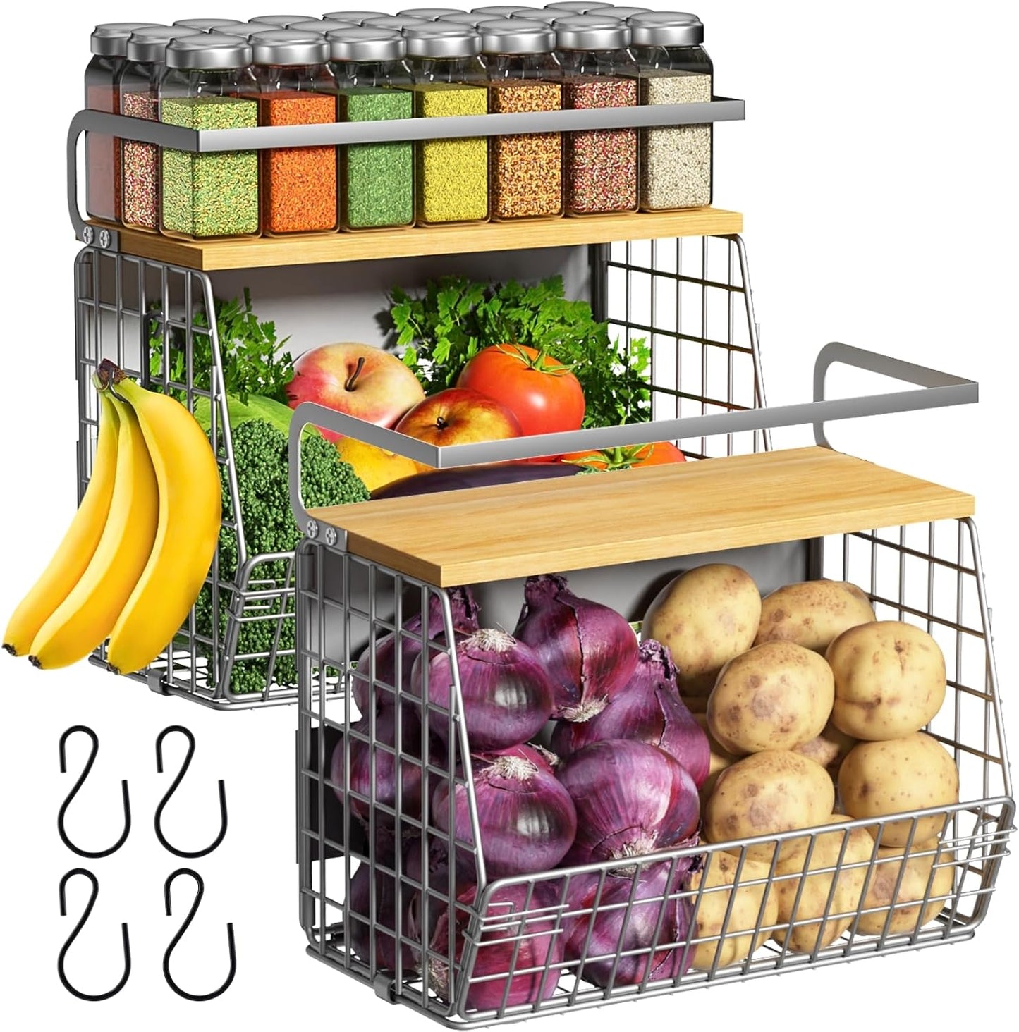 Magnetic Shelf for Fridge with Wood Lid, Fruit Potato and Onion Storage Bins, Pantry Organizers & Storage, Large Container Magnetic Spice Rack for Refrigerator, Kitchen Counter, Cabinet | Strong magnet holds 50lbs, ventilated bin for produce, versatile