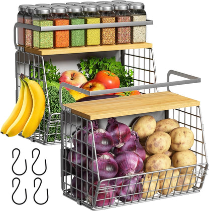 Magnetic Shelf for Fridge with Wood Lid, Fruit Potato and Onion Storage Bins, Pantry Organizers & Storage, Large Container Magnetic Spice Rack for Refrigerator, Kitchen Counter, Cabinet | Strong magnet holds 50lbs, ventilated bin for produce, versatile