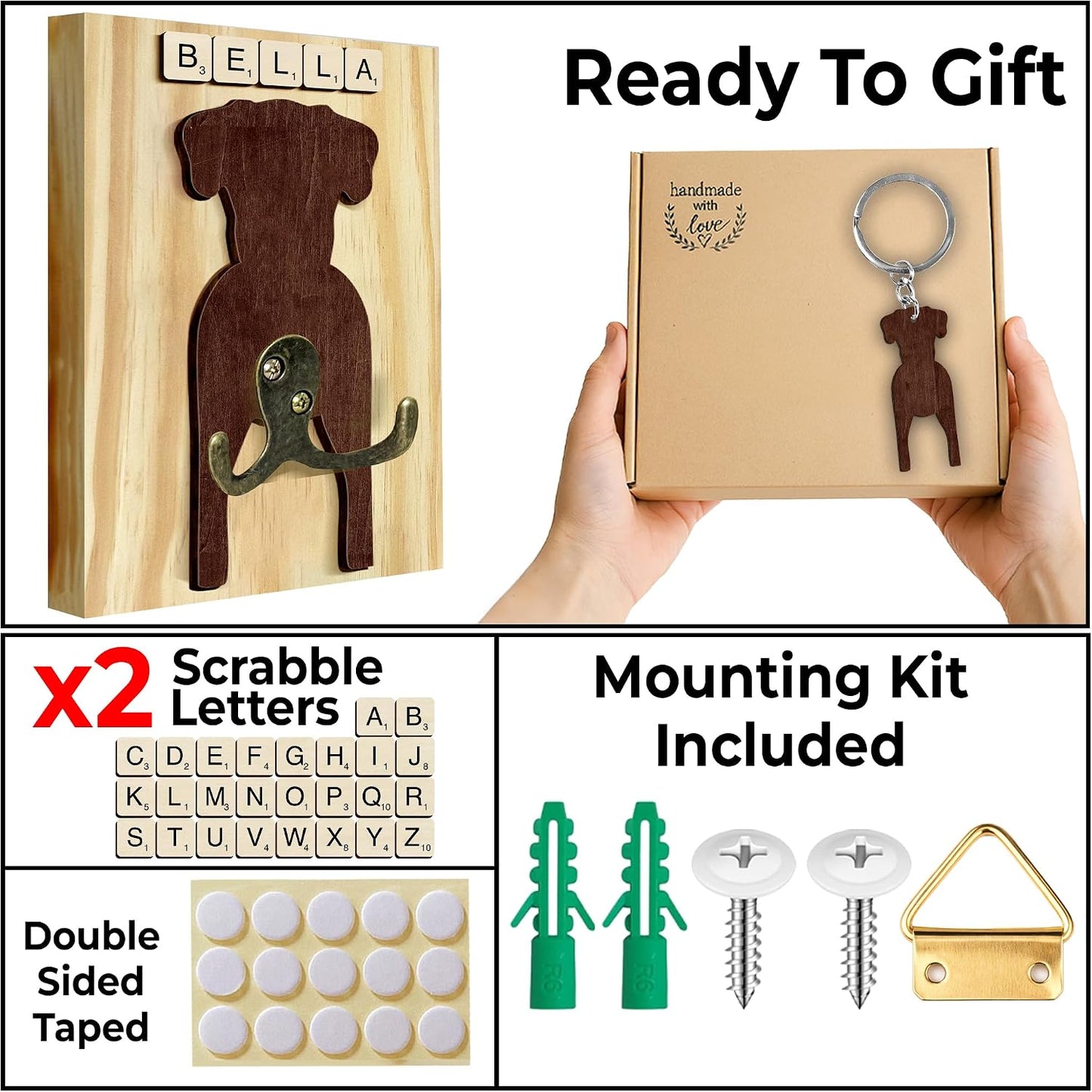 Dog Leash Holder Wall Mount, Pet Harness Hanger with Scrabble Letters, Dog Collar Organizer for Entryway, Memorial Cat Leash Holder for Wall, Pet Loss Gifts, Keepsake, Home Decor PF212-NAT