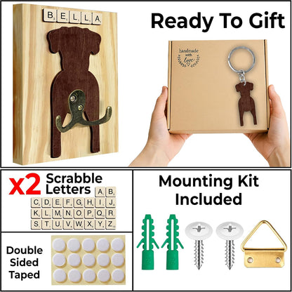 Dog Leash Holder Wall Mount, Pet Harness Hanger with Scrabble Letters, Dog Collar Organizer for Entryway, Memorial Cat Leash Holder for Wall, Pet Loss Gifts, Keepsake, Home Decor PF212-NAT