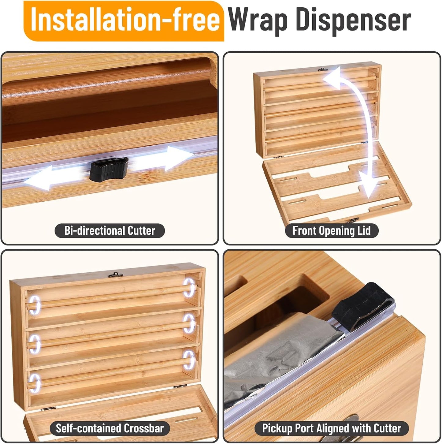Allinside Magnetic Plastic Wrap Dispenser with Cutter, 3 in 1 Refrigerator Bamboo Wood Organizer for Tin Foil, Baking, Wax Paper Holder Kitchen Storage Box Compatible with 12.9" Roll, Black (3 Layer)