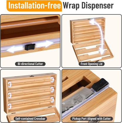 Allinside Magnetic Plastic Wrap Dispenser with Cutter, 3 in 1 Refrigerator Bamboo Wood Organizer for Tin Foil, Baking, Wax Paper Holder Kitchen Storage Box Compatible with 12.9" Roll, Black (3 Layer)