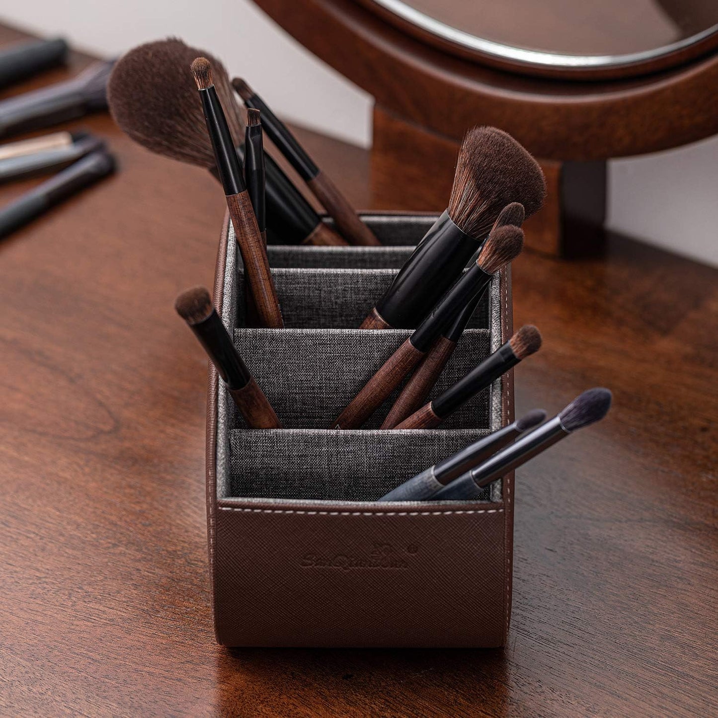 Remote Control Holders Organizer Box with 5 Compartment PU Leather Caddy | Multi-functional Office Desk Storage Caddy Store Tv Remote for Media Player,Brush,Pencil,Glassees&Office Supplies
