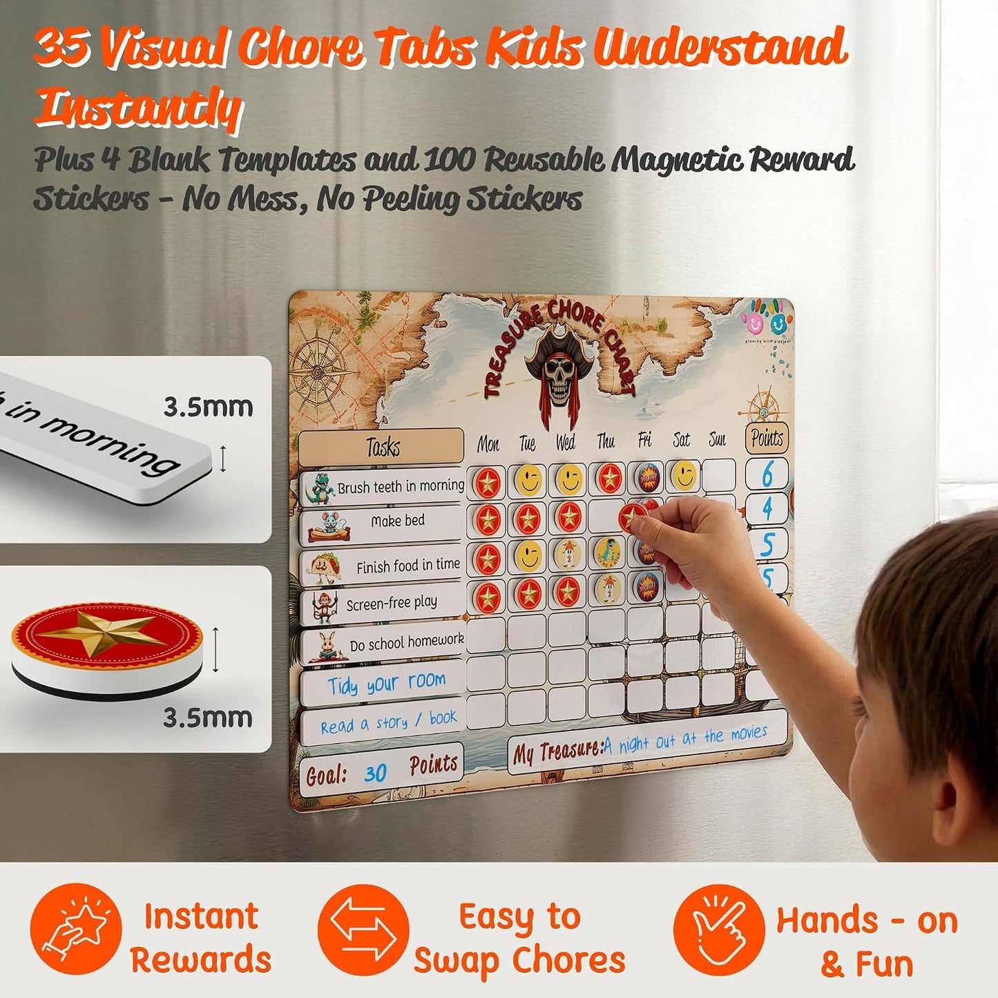 Mimi Doodle Magnetic Chore Chart for Kids – 16x12 Dry Erase Daily Responsibility Board for Fridge with 39 Chore tabs, 100 Reward Stickers – Behavior Chart for Kids at Home – Simple Theme