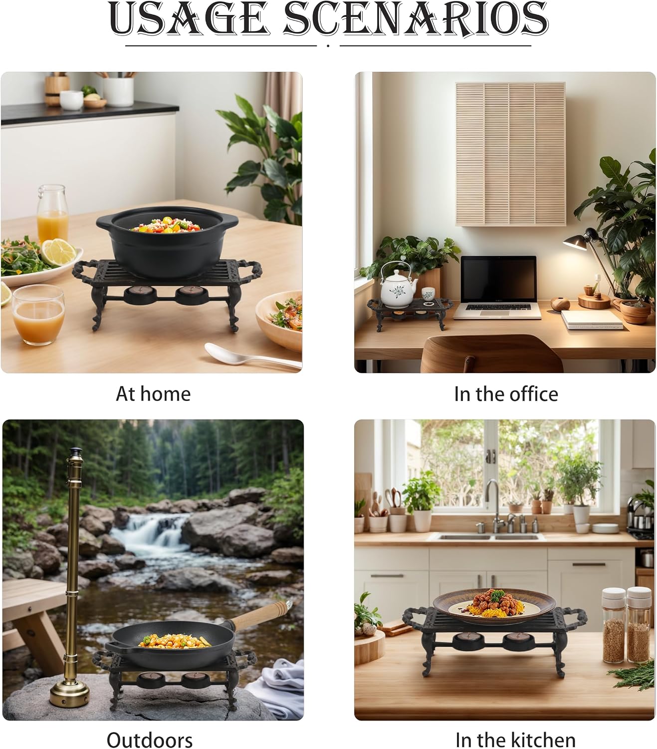 Cast Iron Teapot Warmer, Durable Tea Pot Warmer with 2 Tealight Holders for Tea, Coffee & Food Simmer Pot, Heavy-Duty Tea Warmer for Desk or Home, Includes Candle& Pinch Mitts