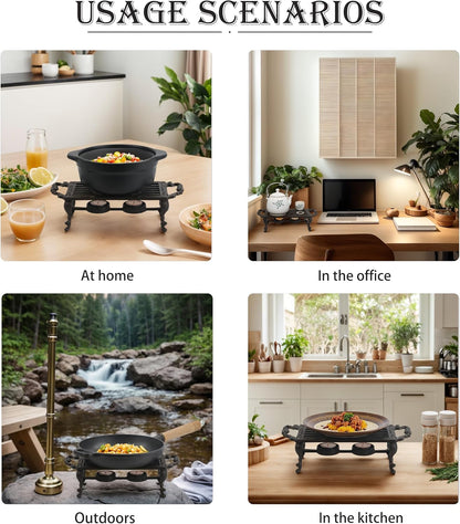 Cast Iron Teapot Warmer, Durable Tea Pot Warmer with 2 Tealight Holders for Tea, Coffee & Food Simmer Pot, Heavy-Duty Tea Warmer for Desk or Home, Includes Candle& Pinch Mitts
