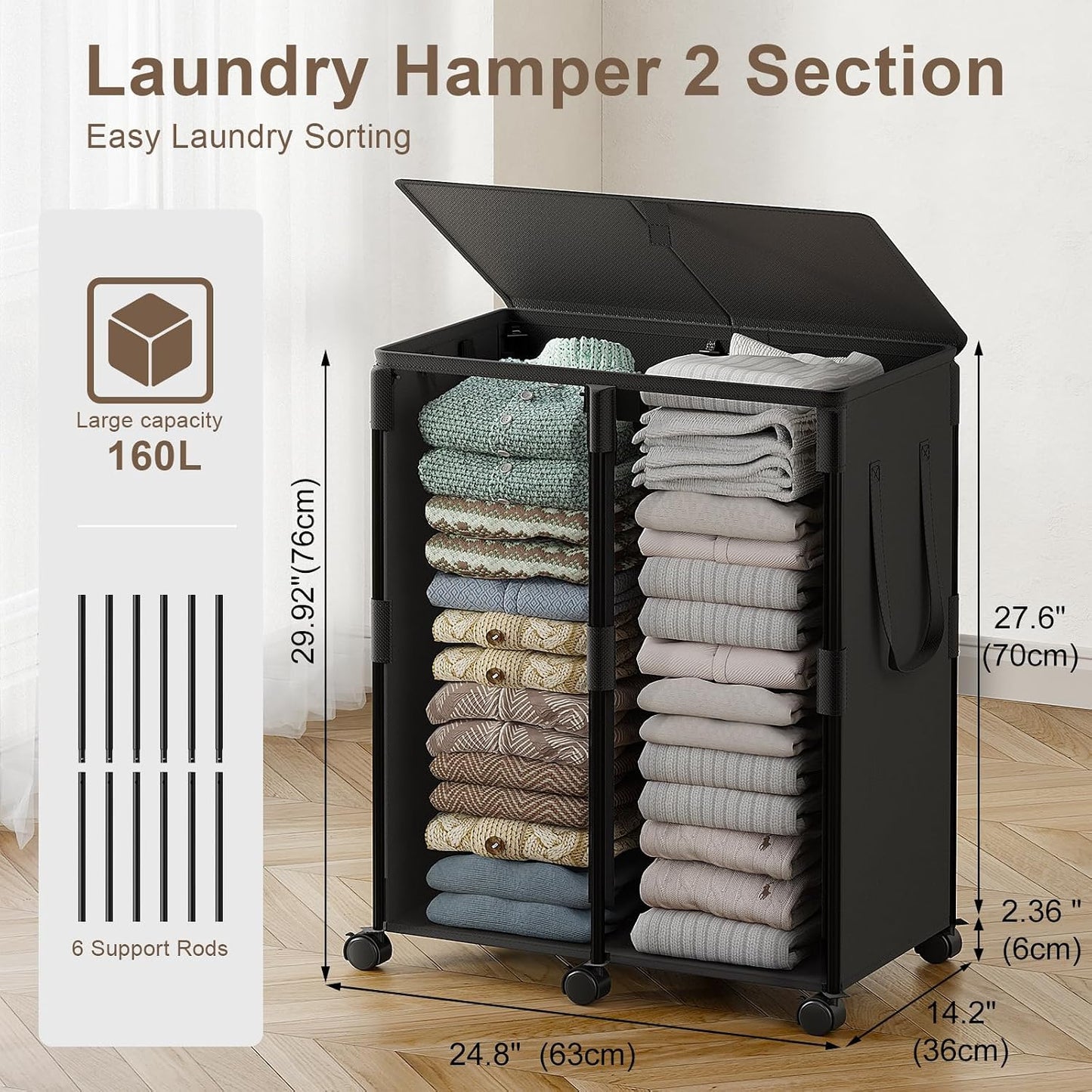 140L Double Laundry Hamper with Lid and 6 Wheels, Rolling Laundry Basket | Gasvadivum Metal Frame Laundry Sorter 2 Section with 2 Removable Bags, Large Clothes Cart for Bedroom, Bathroom, Black