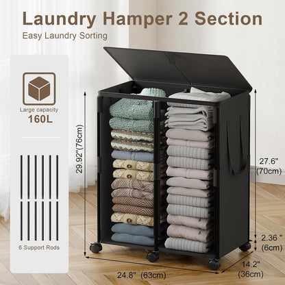 140L Double Laundry Hamper with Lid and 6 Wheels, Rolling Laundry Basket | Gasvadivum Metal Frame Laundry Sorter 2 Section with 2 Removable Bags, Large Clothes Cart for Bedroom, Bathroom, Black