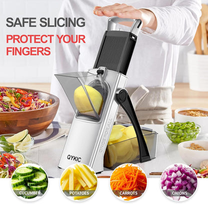 QYKIC Safe Mandoline Slicer Pro for Kitchen, Adjustable Chopper 6 in 1 | Potato Slicer Onion Chopper Fry Cutter Julienne Dicer Large Chute Stainless Steel Blades Detachable Dishwasher Safe Gifts