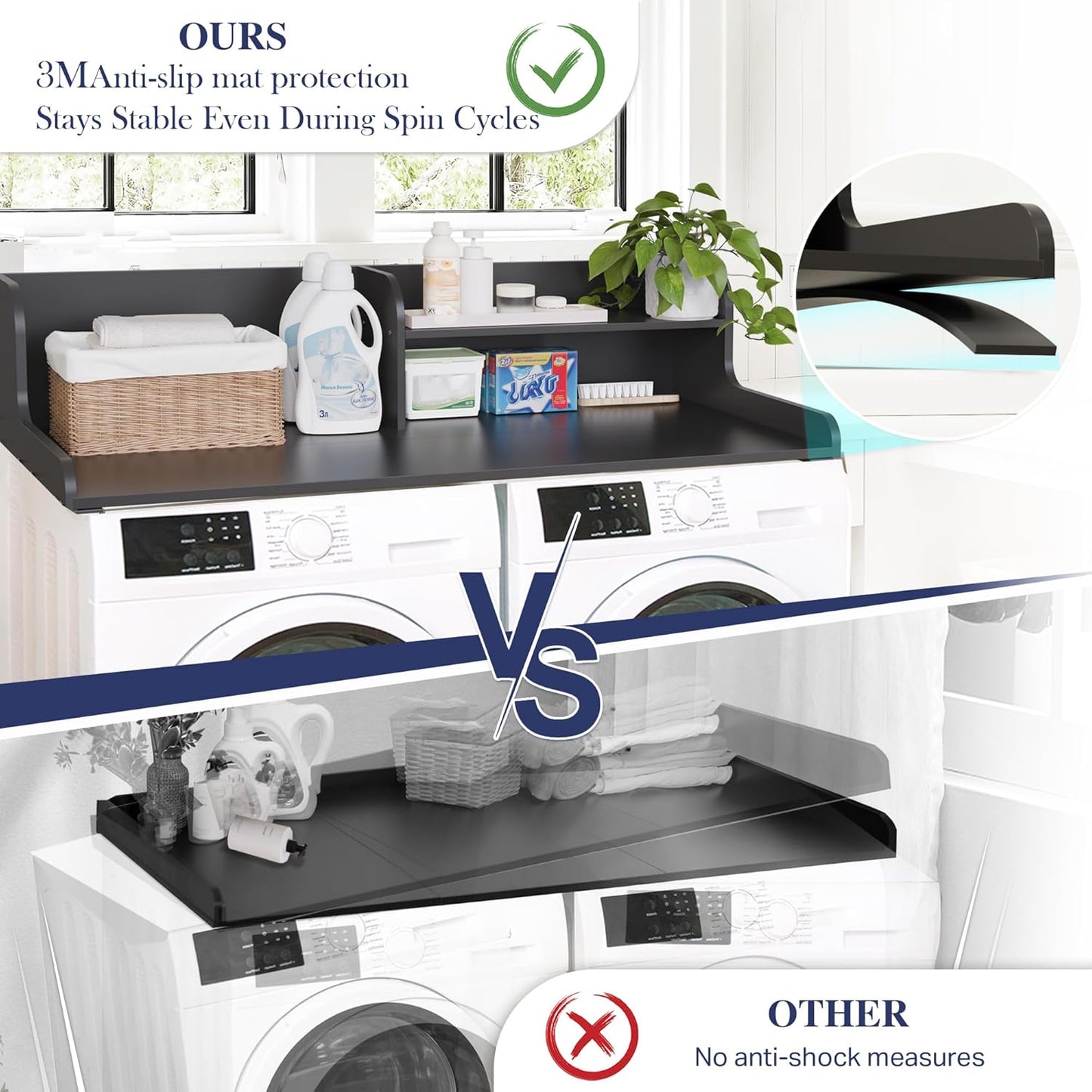DTK Washer Dryer Wood Countertop with Shelf, Laundry Topper with Non-Slip Mat,27.55" Depth x 54" Width Dryer Covers for The Top with Edge Rails, Black