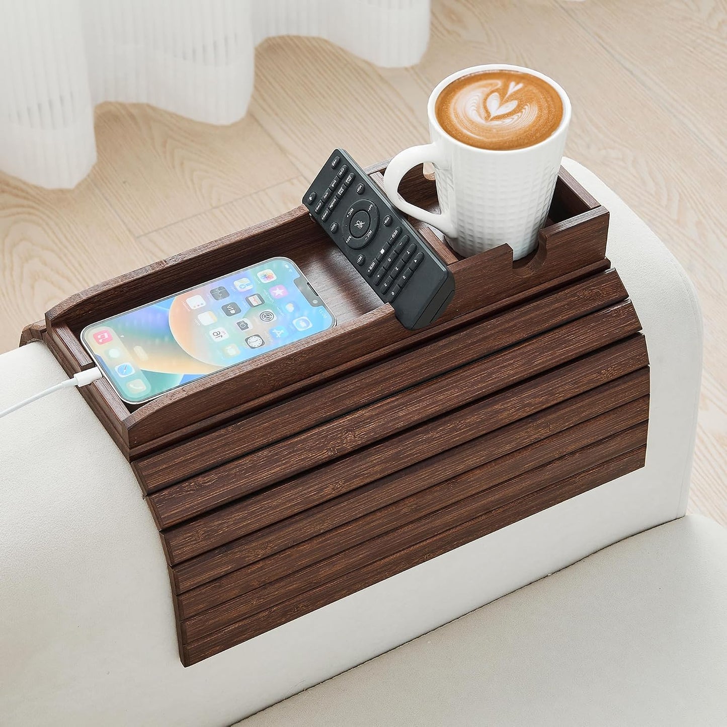 GEHE Bamboo Couch Cup Holder, Anti-Spill Sofa Arm Tray, Natural and Easy to Clean Couch Arm Cup Holder Armrest Tray Perfect for Cups, Beers, Snacks, Remote Control, Drinks