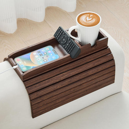GEHE Bamboo Couch Cup Holder, Anti-Spill Sofa Arm Tray, Natural and Easy to Clean Couch Arm Cup Holder Armrest Tray Perfect for Cups, Beers, Snacks, Remote Control, Drinks