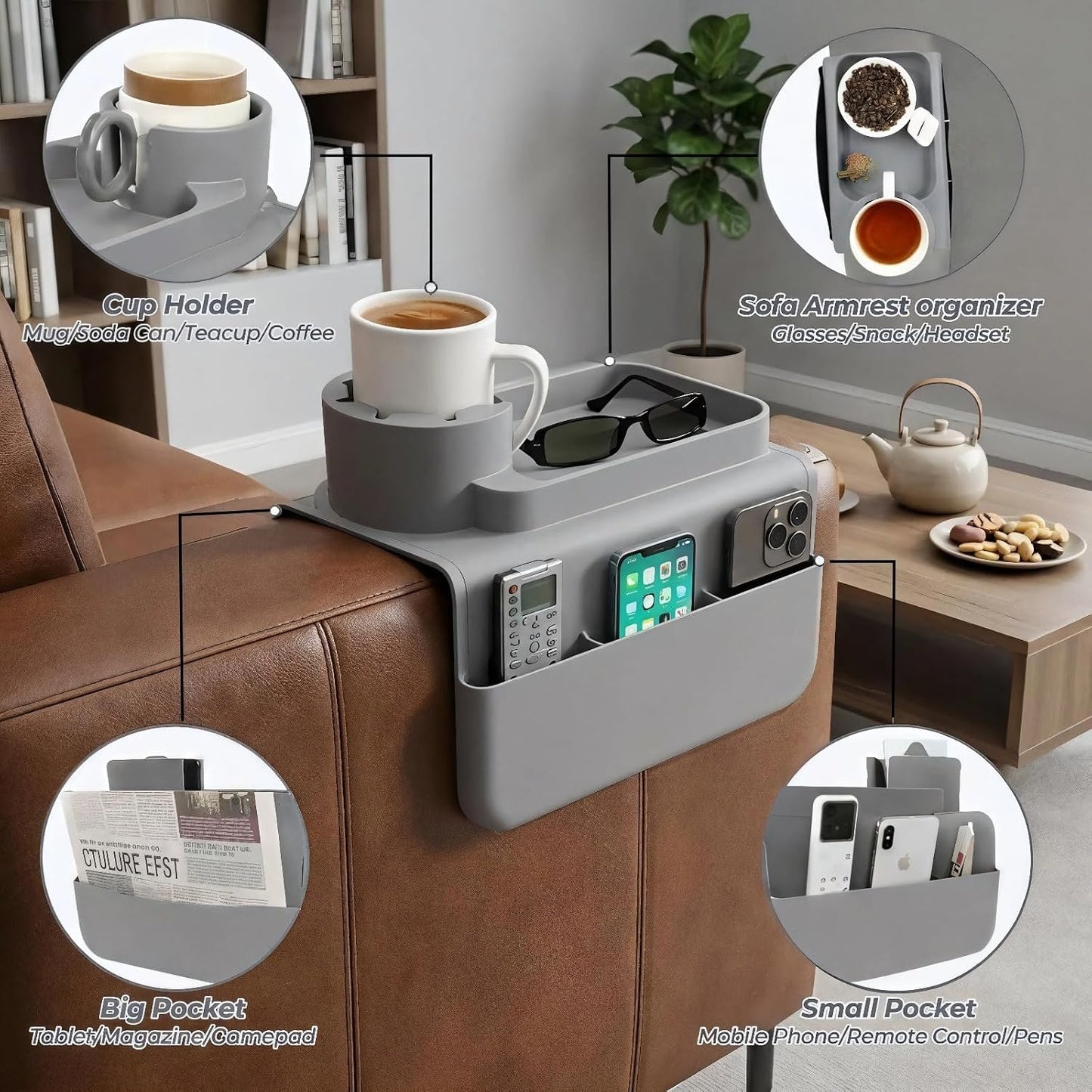 Silicone Couch Caddy Cup Holder Tray, 3-Side Sofa Armrest Organizer with Secure Gear-Shaped Locking Holder & Large Tablet Slot, Non-Slip Weighted Armchair Caddy, Couch Accessories (Grey)