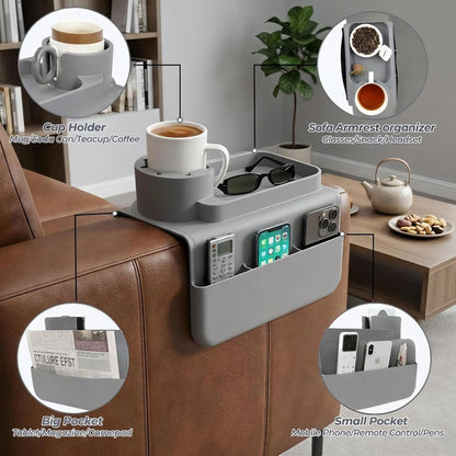 Silicone Couch Caddy Cup Holder Tray, 3-Side Sofa Armrest Organizer with Secure Gear-Shaped Locking Holder & Large Tablet Slot, Non-Slip Weighted Armchair Caddy, Couch Accessories (Grey)