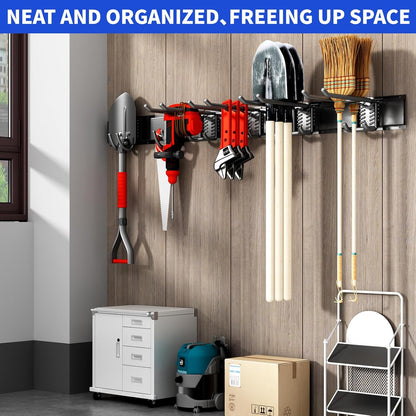 Garage Tool Organizer Wall Mount, 48 Inch Heavy Duty Garden Tool Organizer Storage System, Easy Install with 6 Adjustable Straight Hooks, for Garage, Basement, Shed, Workshop, Black, Steel