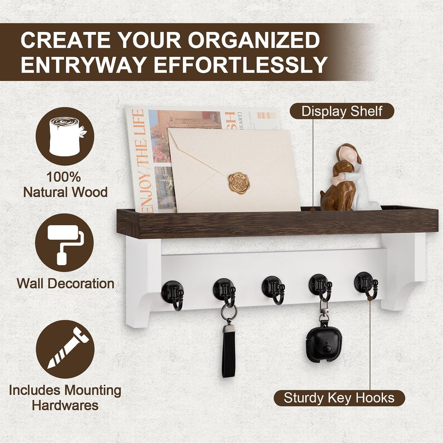 Key and Mail Holder Wall Mount, Mail Organizer with 5 Key Hooks | Key Holder with Shelf, Key Holder for Coat, Dog Leash, Home Decor Rack, Entry Way Organizer