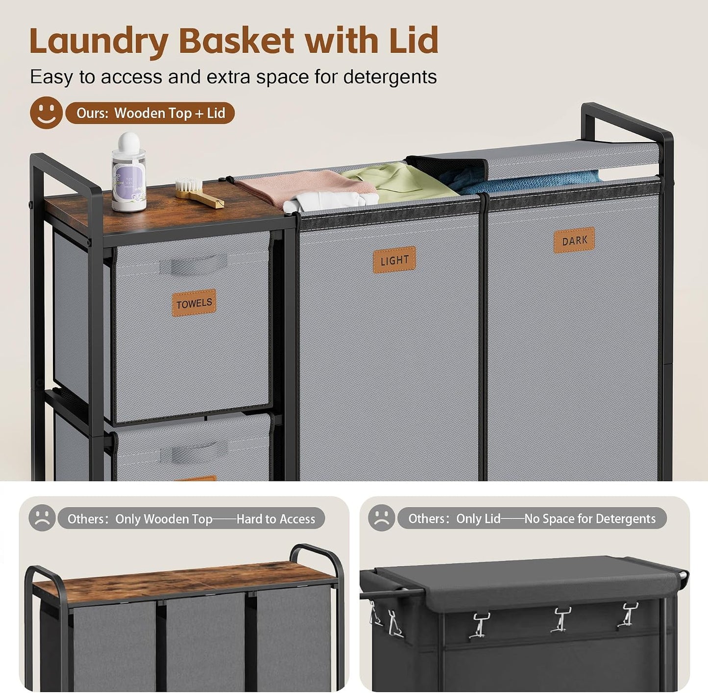 Hoctieon 4 Section Laundry Cart, 52.8 Gal. (200L) Laundry Hamper with Lid, Laundry Basket with Wheels, Rolling Laundry Sorter Organizer with Shelf, Clothes Separator with Removable Bags, Black