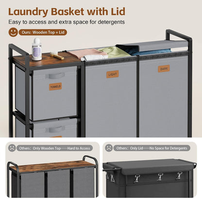 Hoctieon 4 Section Laundry Cart, 52.8 Gal. (200L) Laundry Hamper with Lid, Laundry Basket with Wheels, Rolling Laundry Sorter Organizer with Shelf, Clothes Separator with Removable Bags, Black