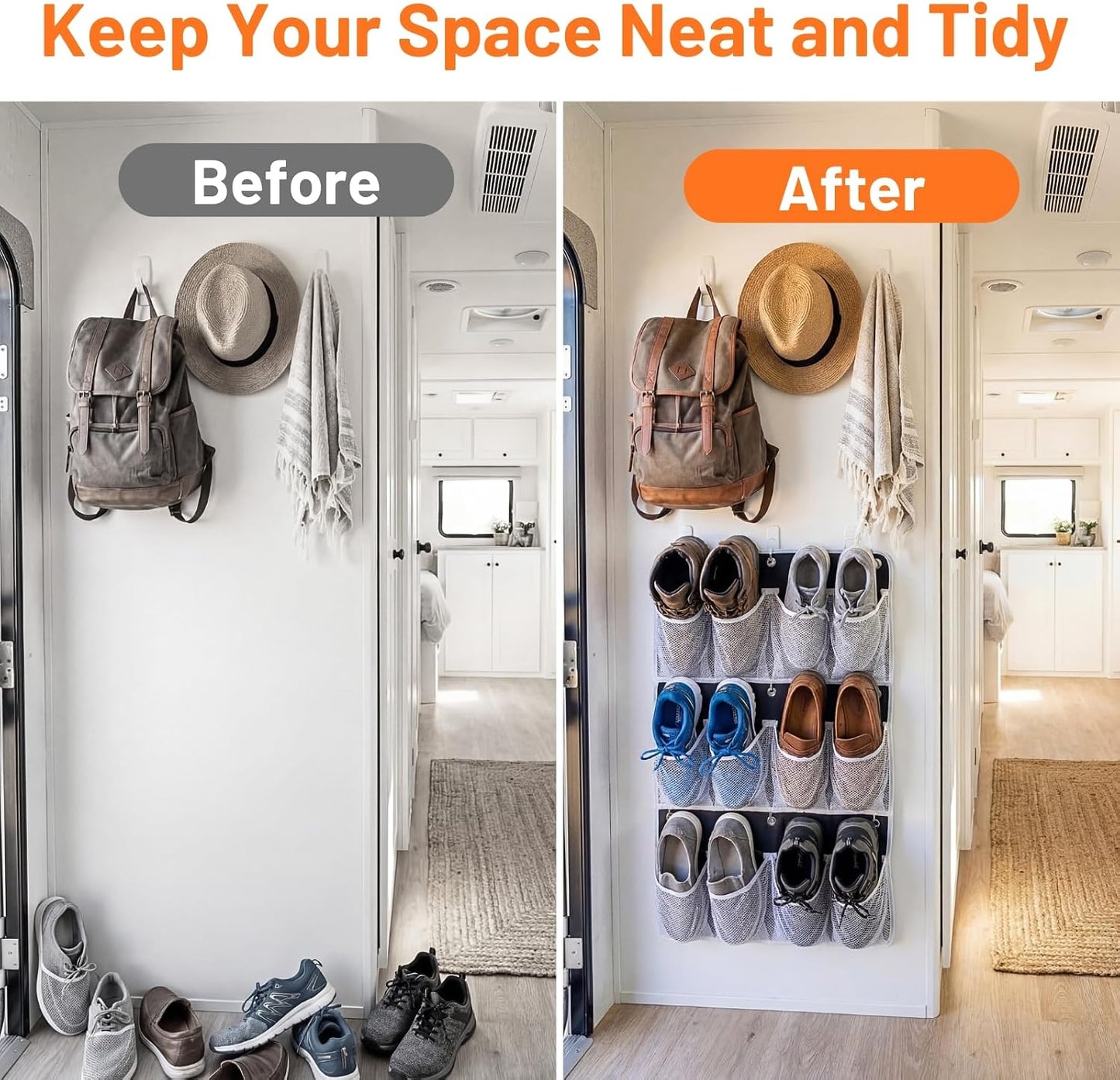 RV Shoe Storage for Bedside - 16 Extra Large Pocket Entryway Shoes Rack | Wall Mounted Bed Hanging Pocket Organizer, Bedside Caddy for Shoes and Tool Accessories, RV & Camper Essentials 2 Pack