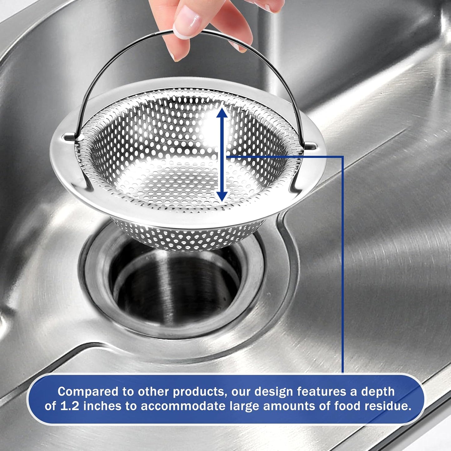 2 Pack Kitchen Sink Drain Strainer with Handle, Universal Stainless Steel Food Catcher Basket, Rust Free, Fits Most Kitchen Sinks