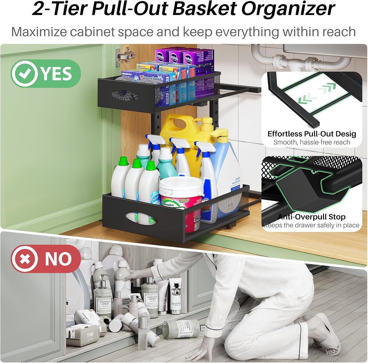 Under Sink Organizer, 2-Pack Pull Out Cabinet Organizer 2 Tier Metal Slide Out Storage Shelf Rack, L-Shaped Adjustable Height,Mesh Sliding Drawer for Kitchen, Bathroom, Laundry, Pantry, White, XL