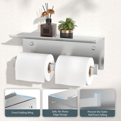 FORIOUS Toilet Paper Holder with Shelf, Commercial Toilet Paper Dispenser | Brushed Nickel | SUS304 Stainless Steel Wall Mount Double Bathroom Tissue Roll Holder for Hotel, Apartments, etc