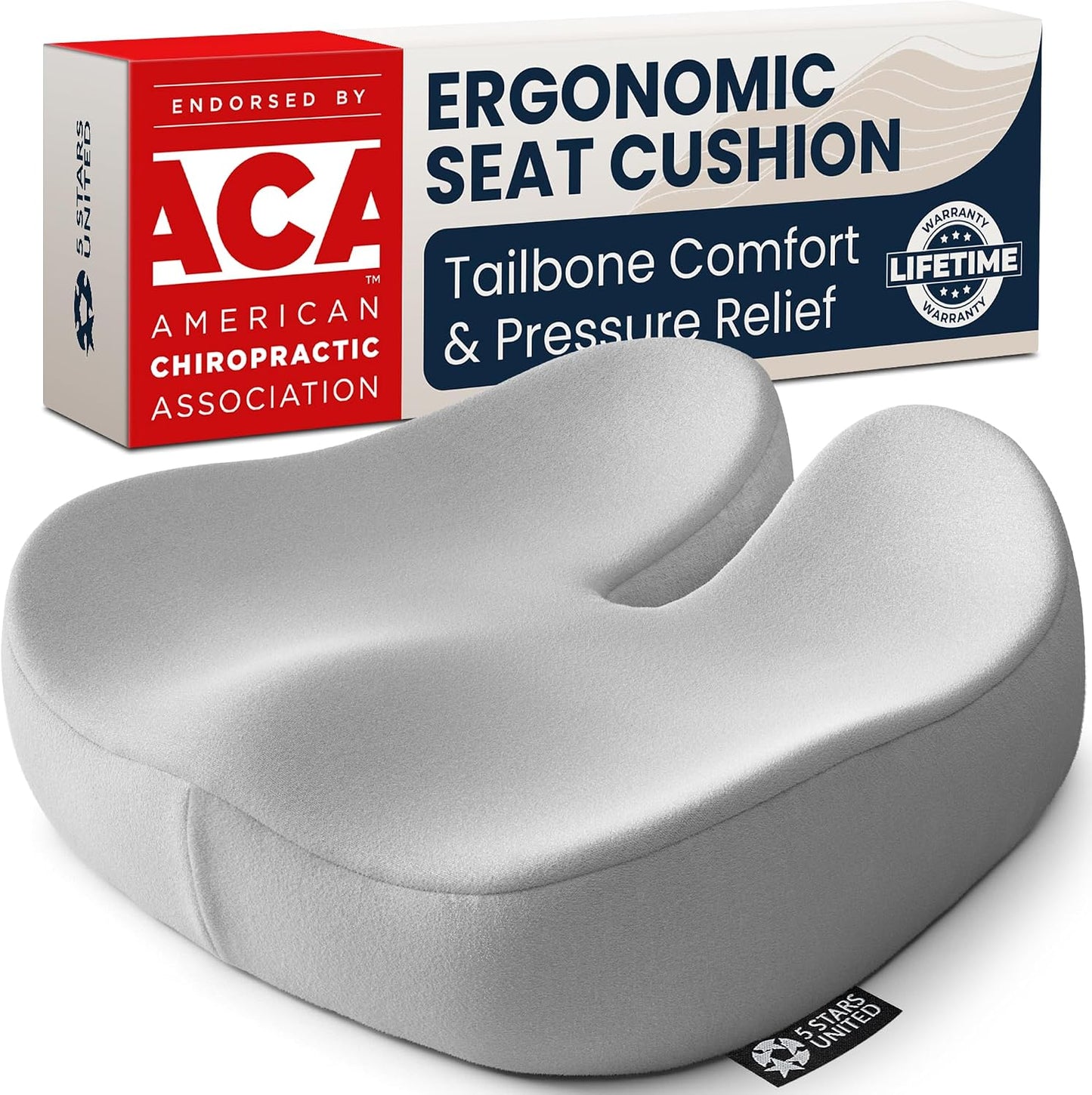 5 STARS UNITED Seat Cushion - Memory Foam Chair Cushion for Tailbone Pain Relief - Ergonomic Support for Coccyx, Sciatica & Butt - Office, Desk & Gaming Chair, Car Seat, Wheelchair, Airplane, Black