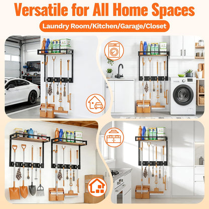 Broom Holder Wall Mount with Shelf, 15.7" Wx6.7 Dx15.7 H, 1 Pack | Load 66LBS, 4 Mop Hanger Grippers, 3 Hooks, for Laundry Room, Garage, Utility Closet, Kitchen