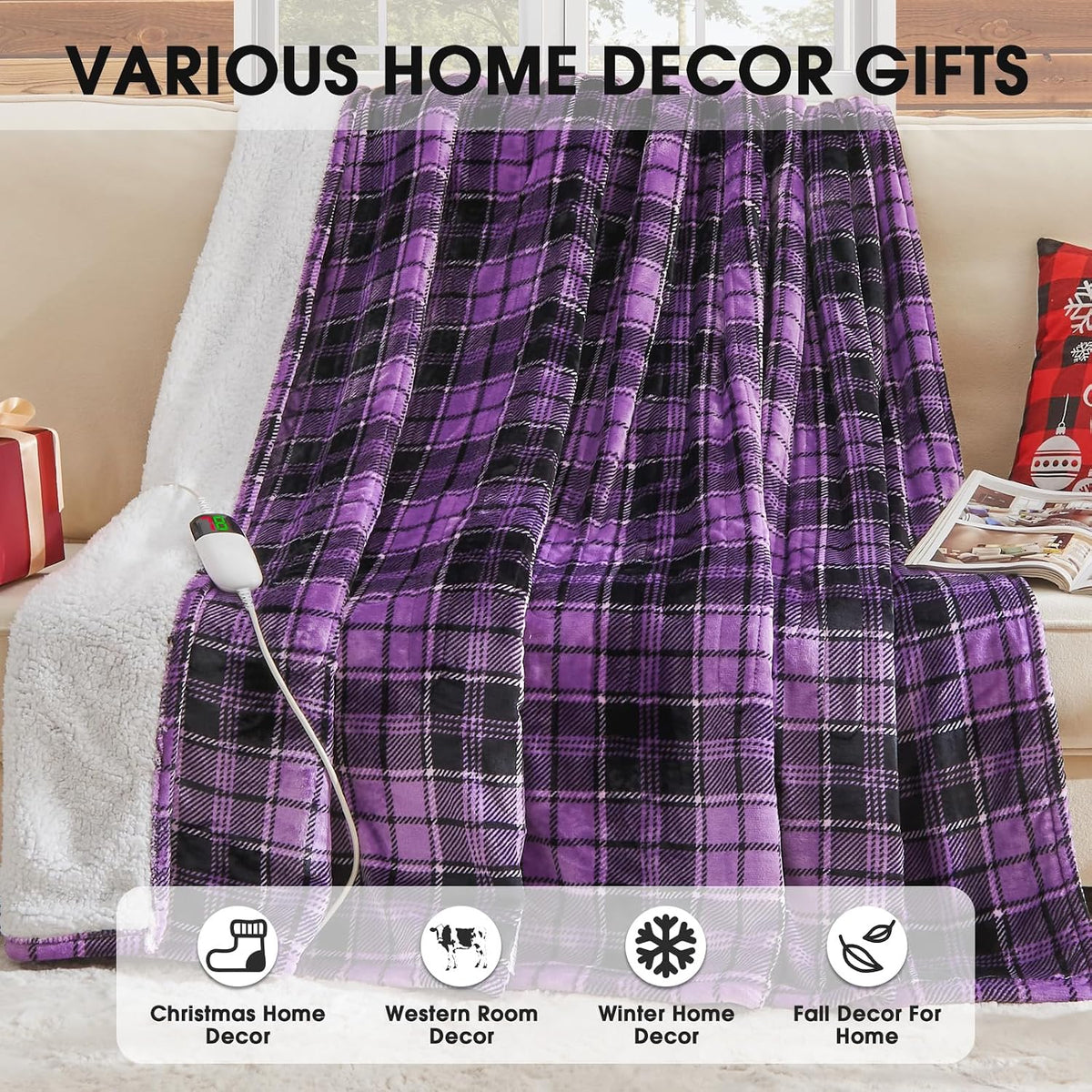 Heated Blanket Electric Throw 50X60 Heating Blanket with 10 Heating Levels 8 Hours Auto Off, Blue Plaid Sherpa Blankets Winter Warmer, Home Decor for Couch Bed Office,Gifts for Mom, Women,Washable