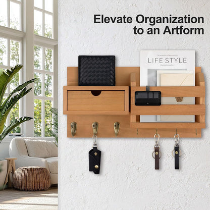 Lwenki Wall Mount Key Holder with Mail Organizer, 100% Paulownia Wood, 7 Metal Hooks, Storage Drawer, Entryway Home Decor (Brown)