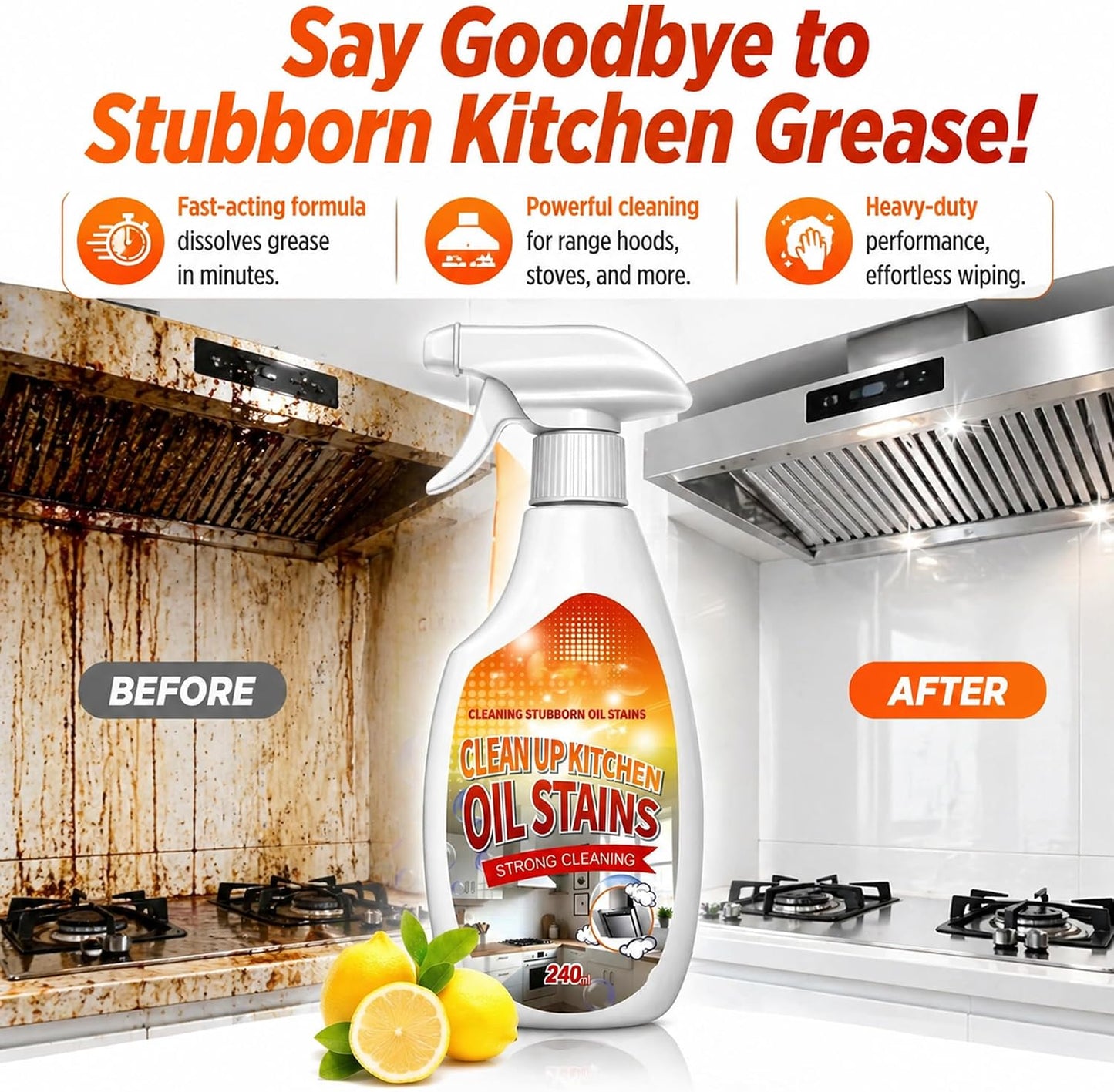 2 PCS Clean Up Kitchen Oil Stains Spray, Kitchen Cleaner Spray, Heavy Oil Cleaner Stain, All-Purpose Cleaning Spray for Kitchens Oil Stain Remover - 240ML/8.45 FL.Oz