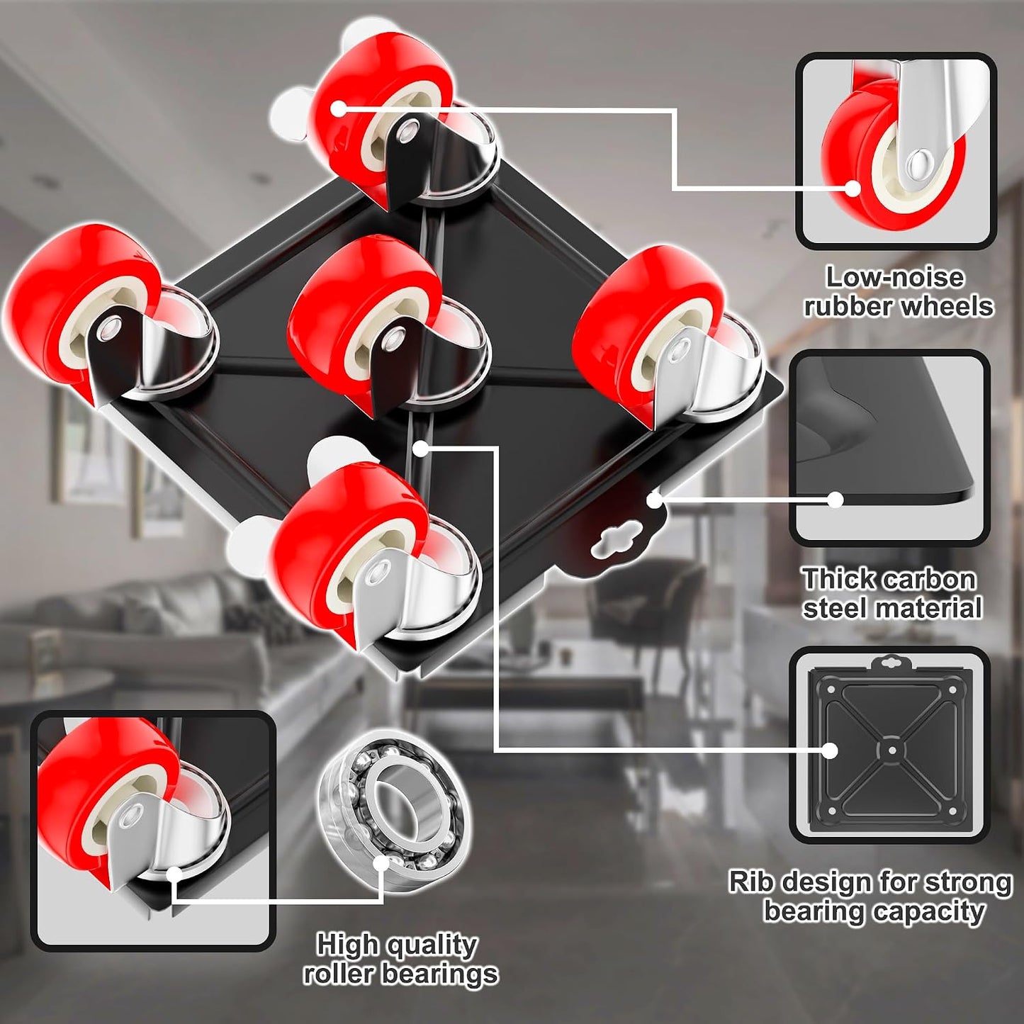 1,500 lb Capacity Furniture Dolly Set, 5.3-Inch Platforms, Red | Carbon Steel Dollies Feature Five Quiet Wheels, Including Locking Casters, Plus a Pry Bar for Washers, Sofas and Cabinets.