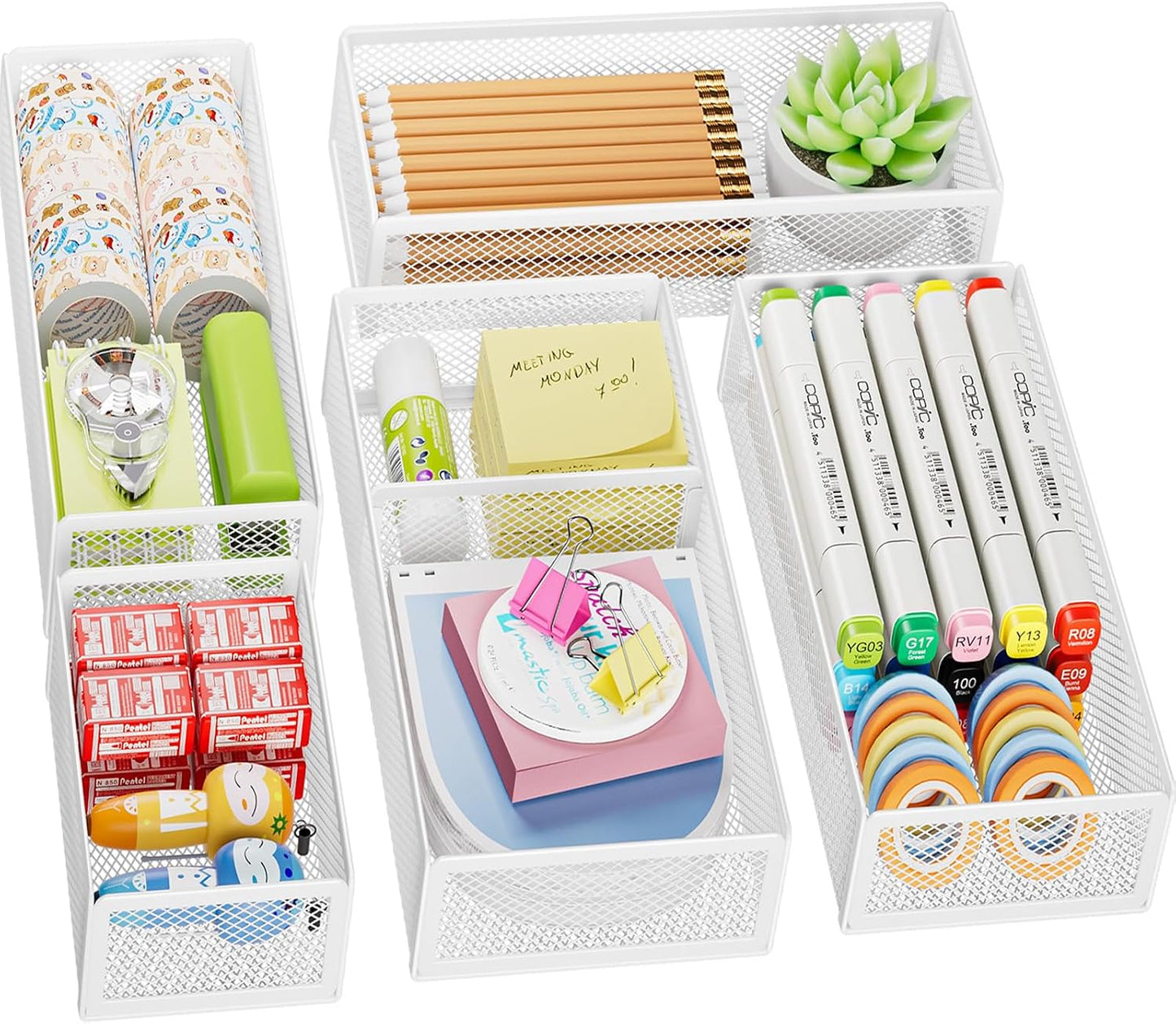 Marbrasse 5 Pack Desk Drawer Organizer Set, Mesh Drawer Storage Trays with 1 Adjustable Divider, Desk Organizers and Accessories, 5 PCS Drawer for Office Supplies, Makeup & Vanity (Black)