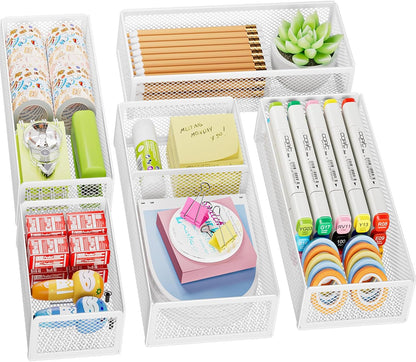 Marbrasse 5 Pack Desk Drawer Organizer Set, Mesh Drawer Storage Trays with 1 Adjustable Divider, Desk Organizers and Accessories, 5 PCS Drawer for Office Supplies, Makeup & Vanity (Black)