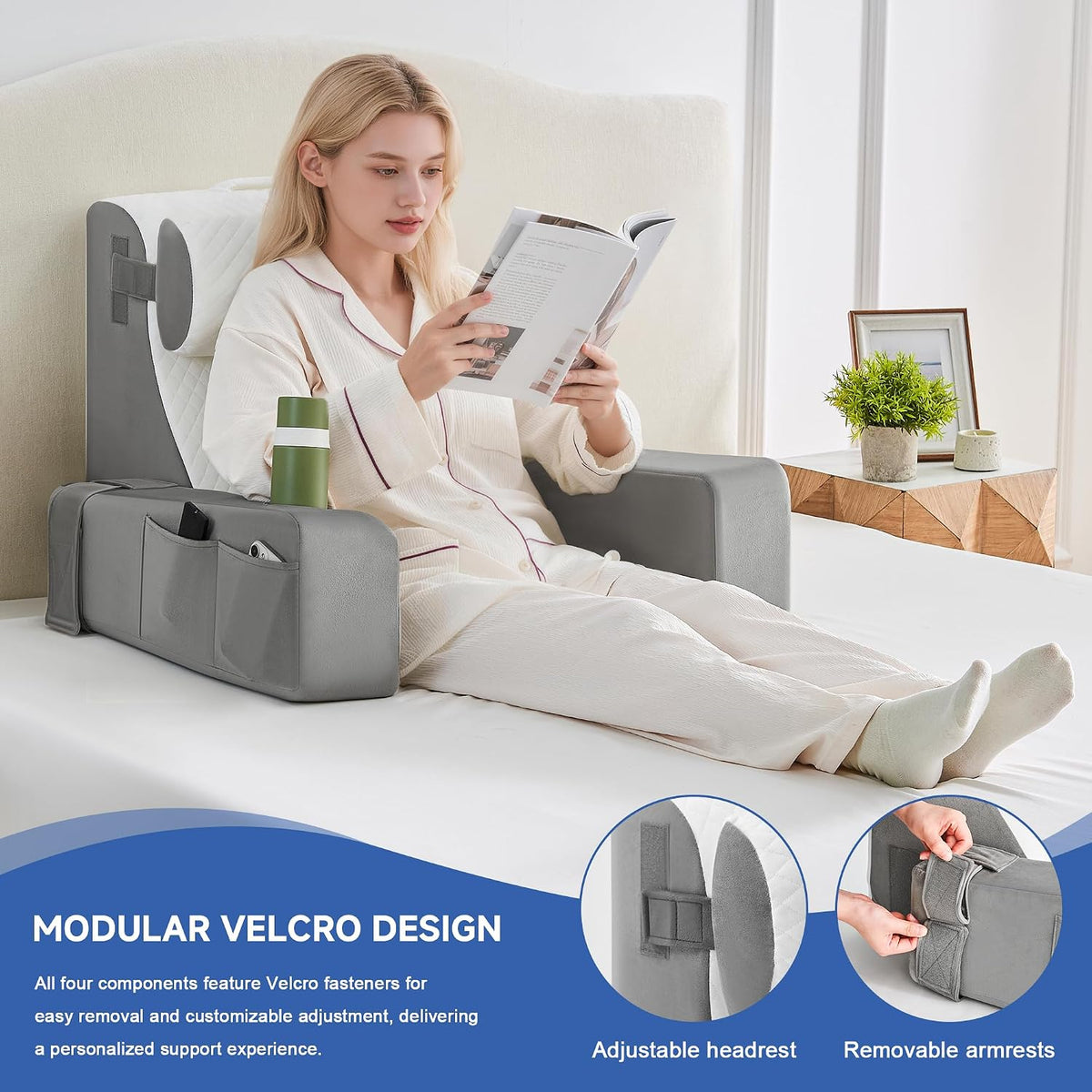 Reading Pillow for Sitting in Bed Adult, Back Pillow for Bed Sitting up with Arms, Pockets and Cup holder, Sit Up Backrest Pillows for Beds Chair Support, Rest Pillow for Gaming (Light gray)