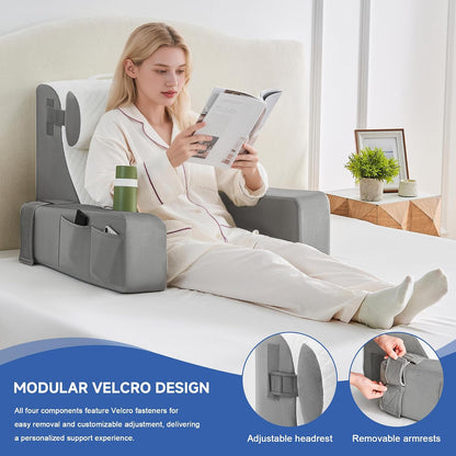 Reading Pillow for Sitting in Bed Adult, Back Pillow for Bed Sitting up with Arms, Pockets and Cup holder, Sit Up Backrest Pillows for Beds Chair Support, Rest Pillow for Gaming (Light gray)