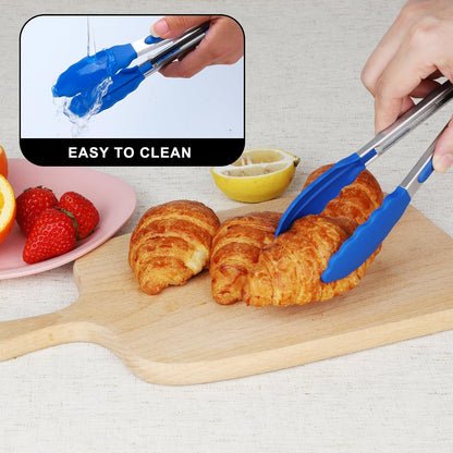 Hotec Mini Silicone Kitchen Tongs for Cooking - 7-Inch Small Serving Tongs with Silicone Tips, Set of 3 (Black,Grey,Light Blue)