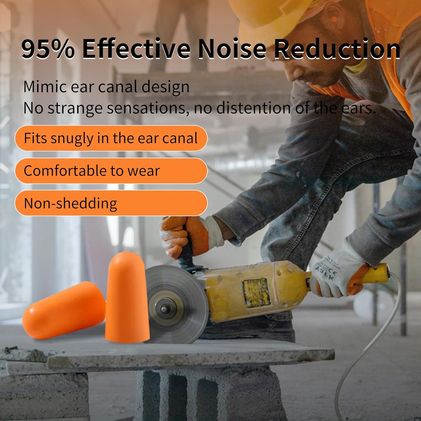 Silicone Corded Ear Plugs, 100 Pairs, SNR 32dB, Orange | Reusable noise reduction earplugs with string. Individually wrapped. For work, construction sites & industrial use.