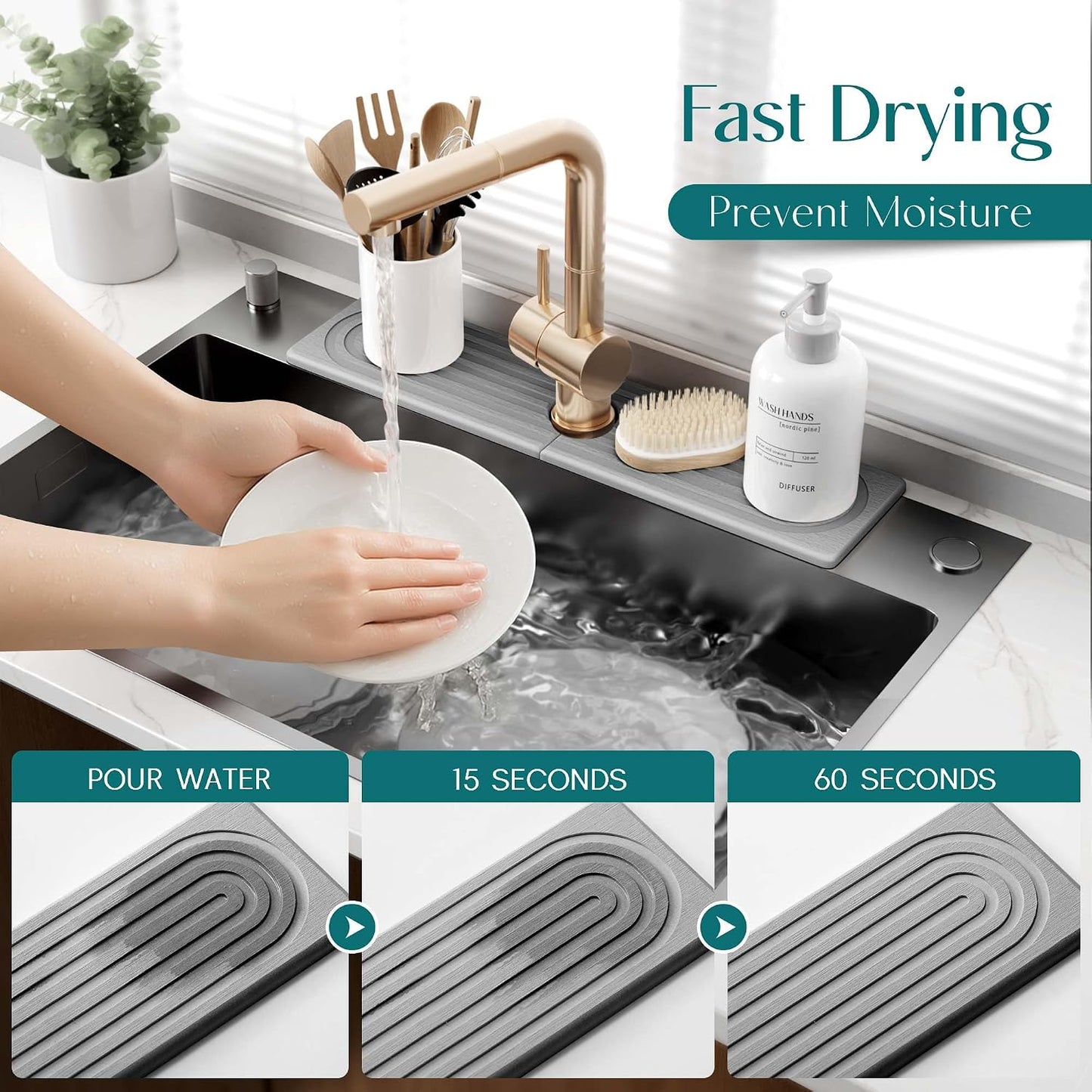 Stone Faucet Mat for Kitchen Sink – Diatomite Drying Stone Mat & Sink Protector, Prevents Moisture – Sink Splash Guard Water-Absorbing Stone Tray for Bathroom Counter (Light Grey, 20" x 3.9")